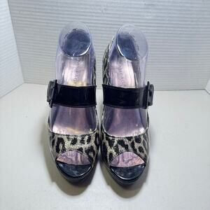 RAMPAGE High Heels open toed Black with silver leopard print SZ 8.5